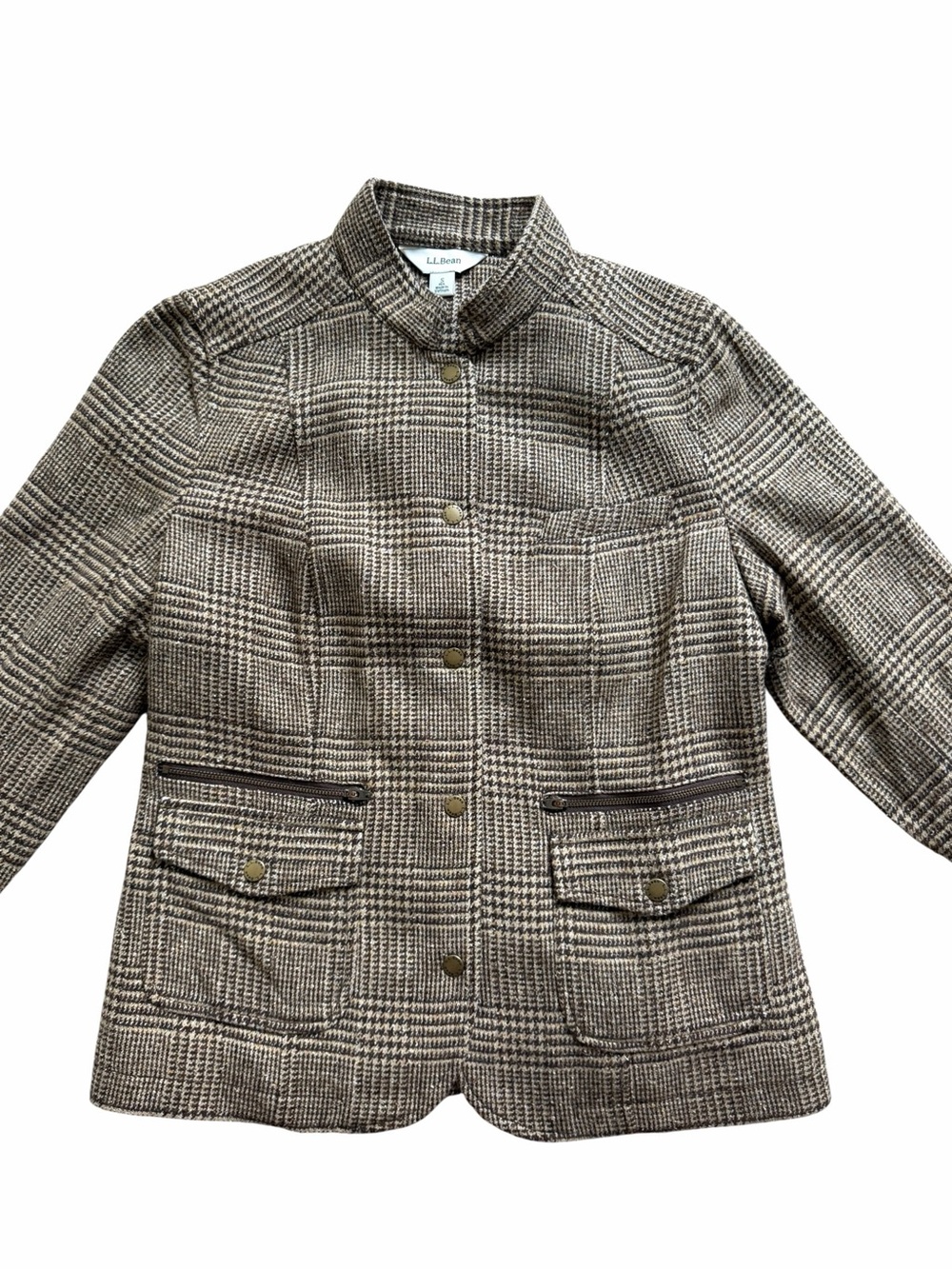 L.L. Bean Womens Wool Blend Plaid Tweed Blazer Jacket Small Brown Elbow Patch - Picture 4 of 9